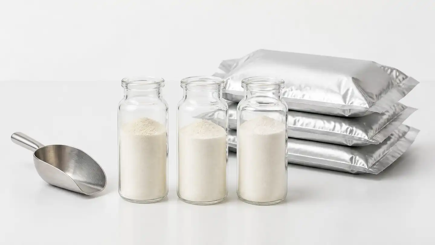 blog-500-1 Clear sample vials and sealed aluminium foil pouches of oat beta glucan powder on a white quality-control bench