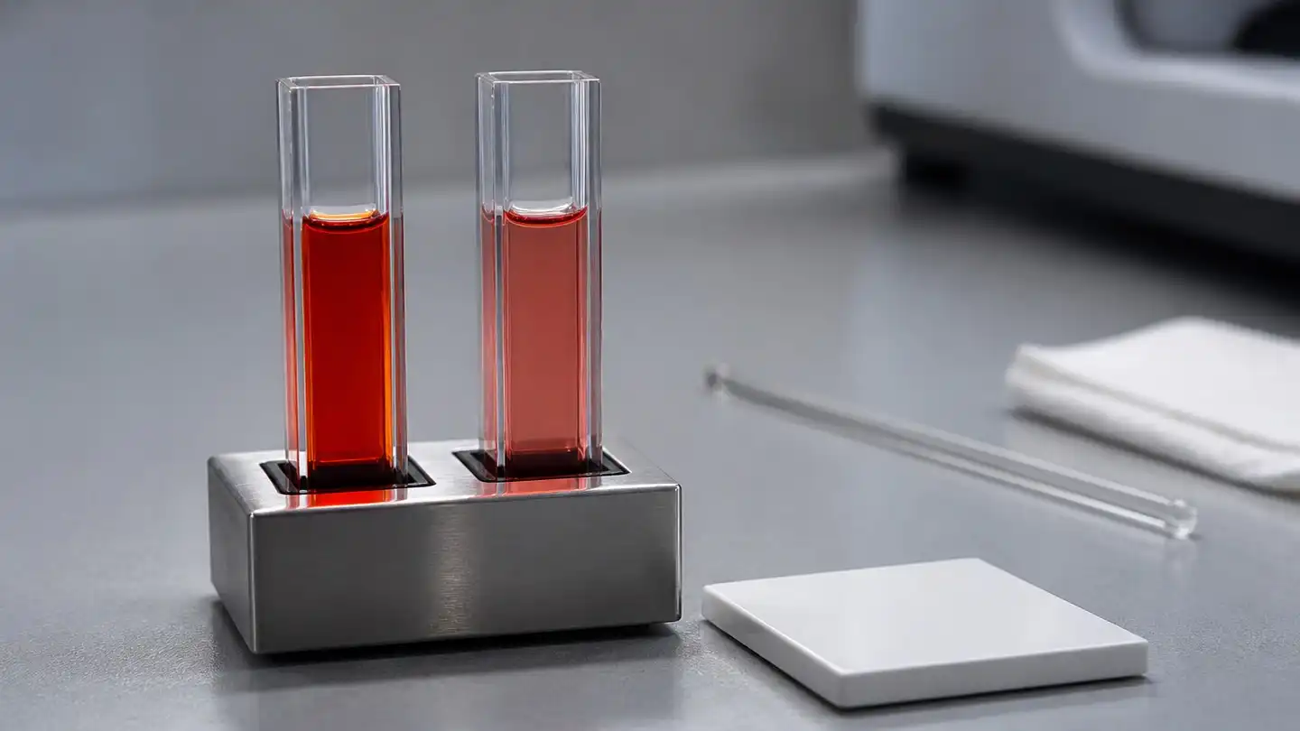 blog-500-1 Two clear cuvettes of red-orange beverage liquid held in a stainless steel sample holder beside a white reference tile, prepared for instrumental colour measurement