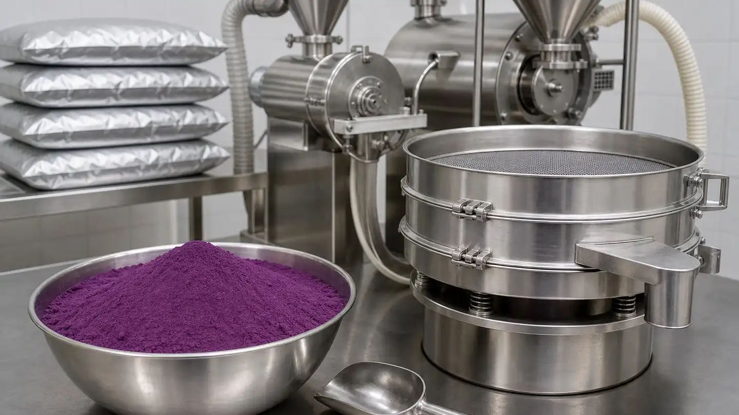 blog-500-1 Stainless-steel bowl of fine purple yam powder beside a stainless milling and sieving line with plain foil-laminate ingredient bags in a clean production room