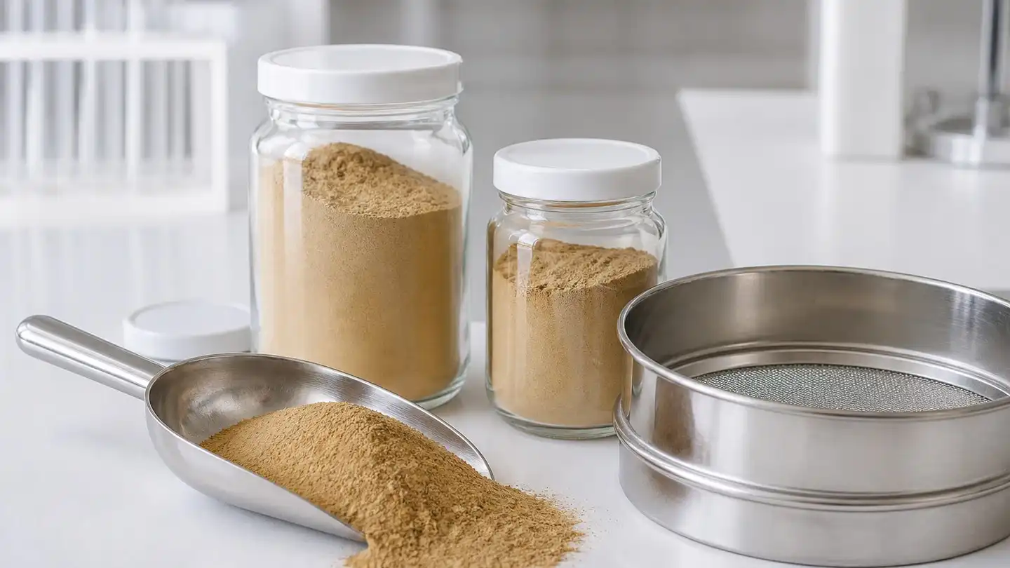 blog-500-1 A stainless-steel scoop of tan botanical extract powder beside clear sample jars and a fine laboratory test sieve on a clean quality-control bench