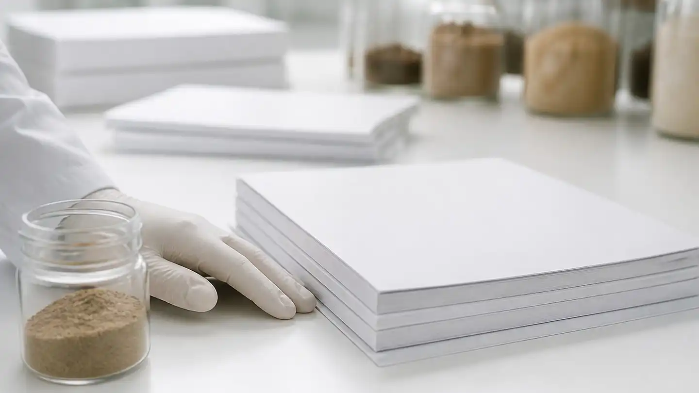 blog-500-1 A gloved hand beside a stack of blank specification documents and a sample jar of tan botanical extract powder on a white laboratory bench