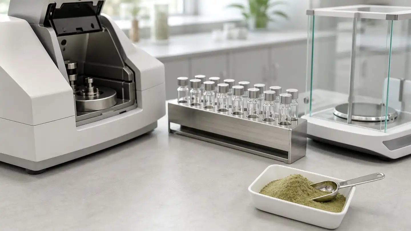 blog-500-1 Quality-control bench with an analytical instrument, sample vials and a stainless-steel scoop of pale green-tan extract powder