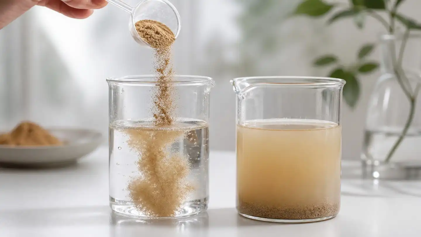 blog-500-1 A scoop of tan botanical extract powder dispersing into a beaker of clear water beside a second beaker with fine sediment settling