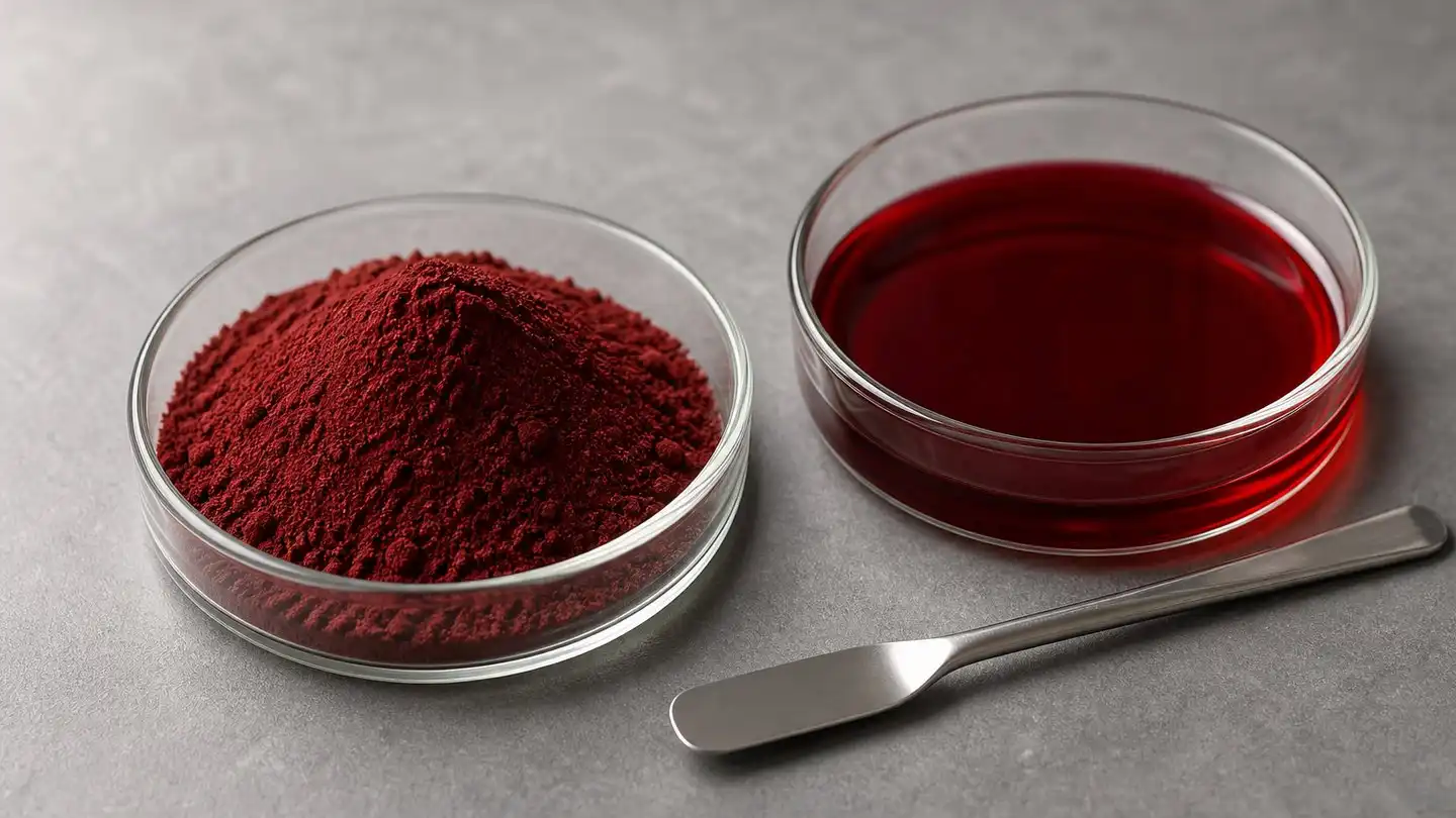 blog-500-1 Dark crimson astaxanthin powder and deep red astaxanthin oil in clear glass dishes on a grey laboratory bench
