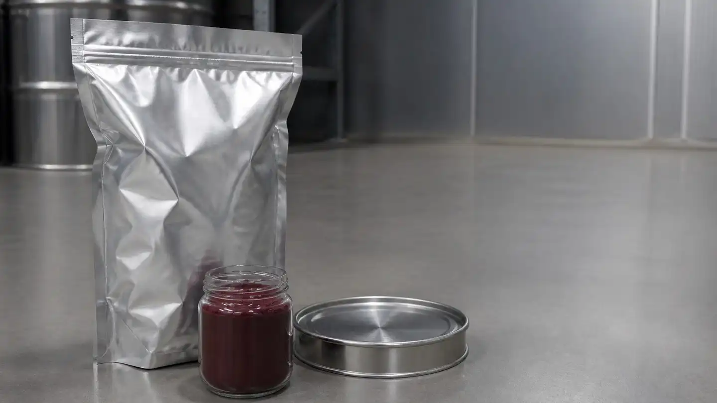 blog-500-1 Nitrogen-flushed aluminium foil pouch, astaxanthin powder jar and stainless steel drum lid in a climate-controlled storage room