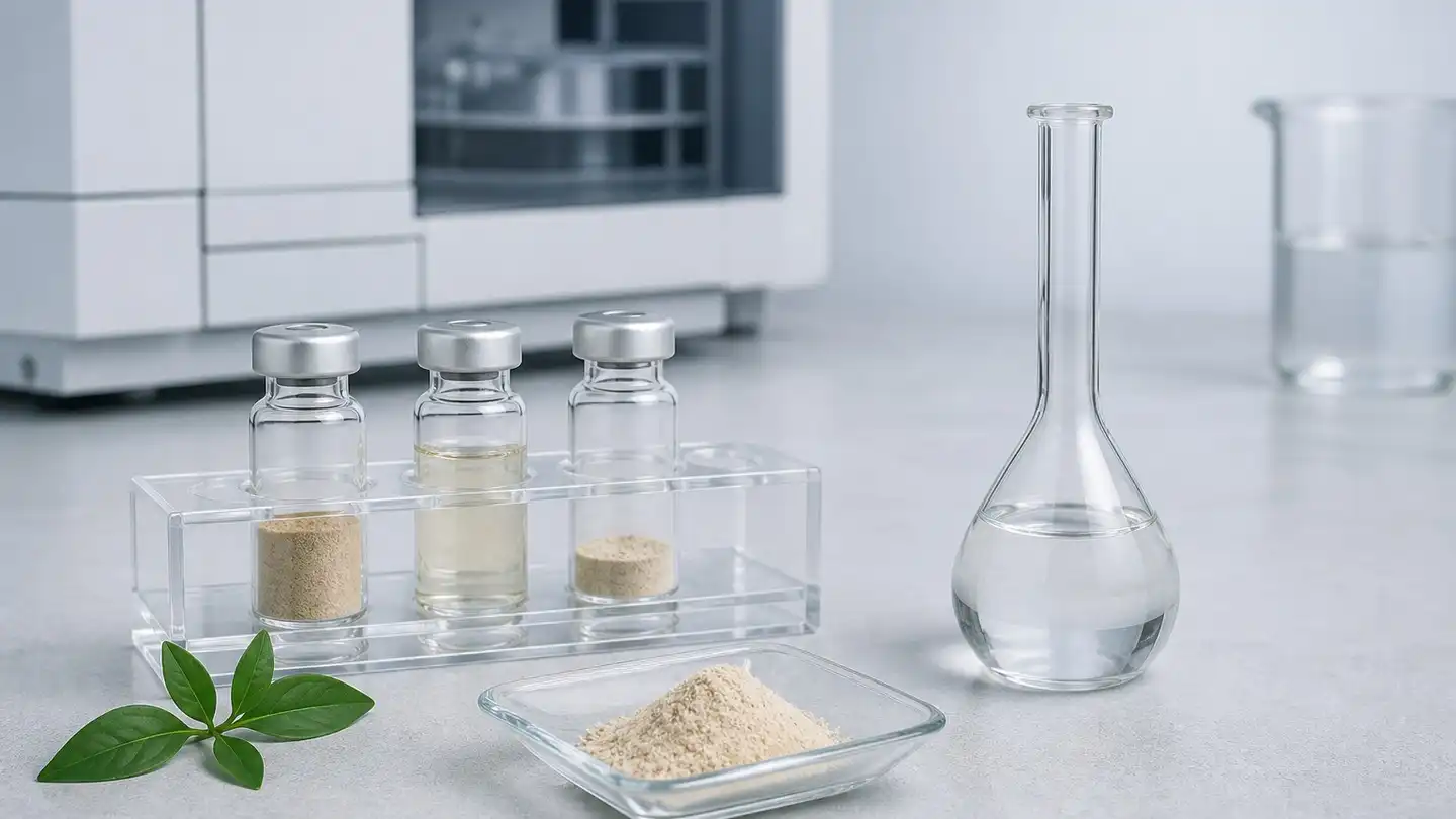 blog-500-1 Laboratory quality-control bench with HPLC vials, a volumetric flask and a weighing boat of pale botanical extract powder