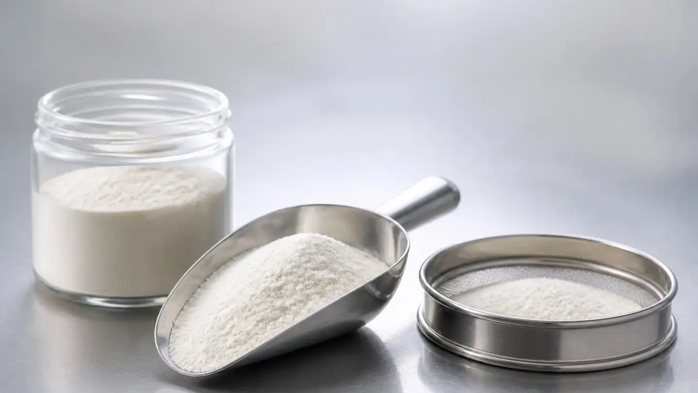 blog-500-1 Oat beta glucan powder sample with scoop and analytical test sieve on a quality-control bench