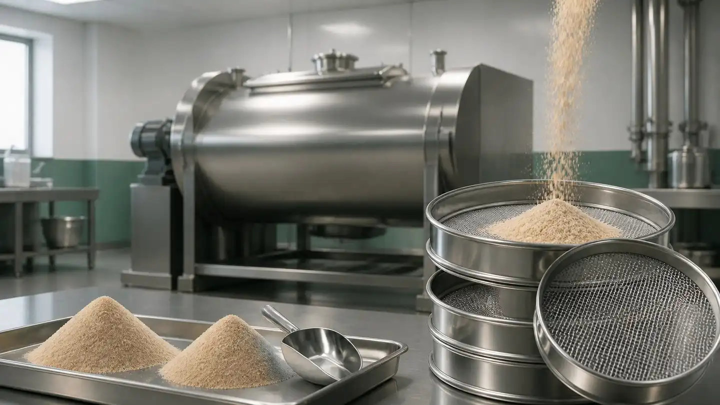 blog-500-1 Ribbon blender and sieve stack used to assess powder blend uniformity