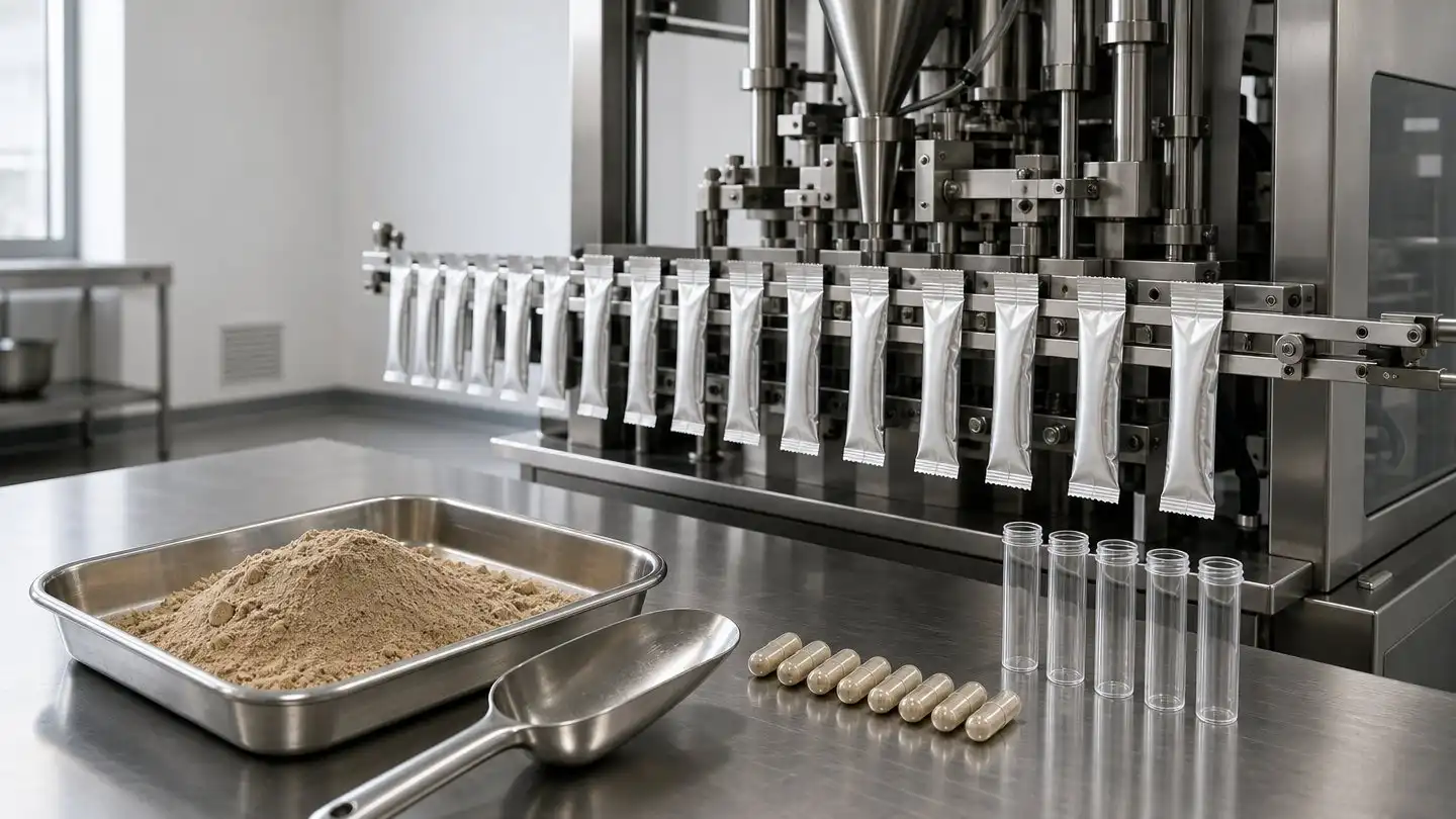 blog-500-1 Stick-pack filling line with filled sachets and capsules on a production bench