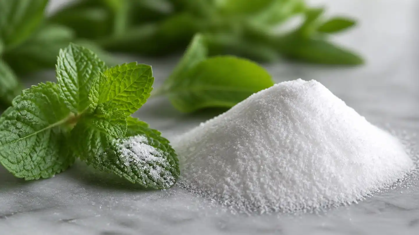 blog-500-1 Close still life of fresh peppermint leaves beside a mound of fine white extract powder on a stone surface