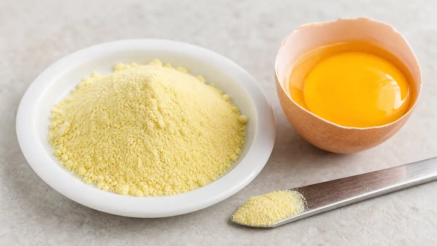 blog-500-1 Pale yellow lecithin powder in a glass dish beside a halved egg yolk