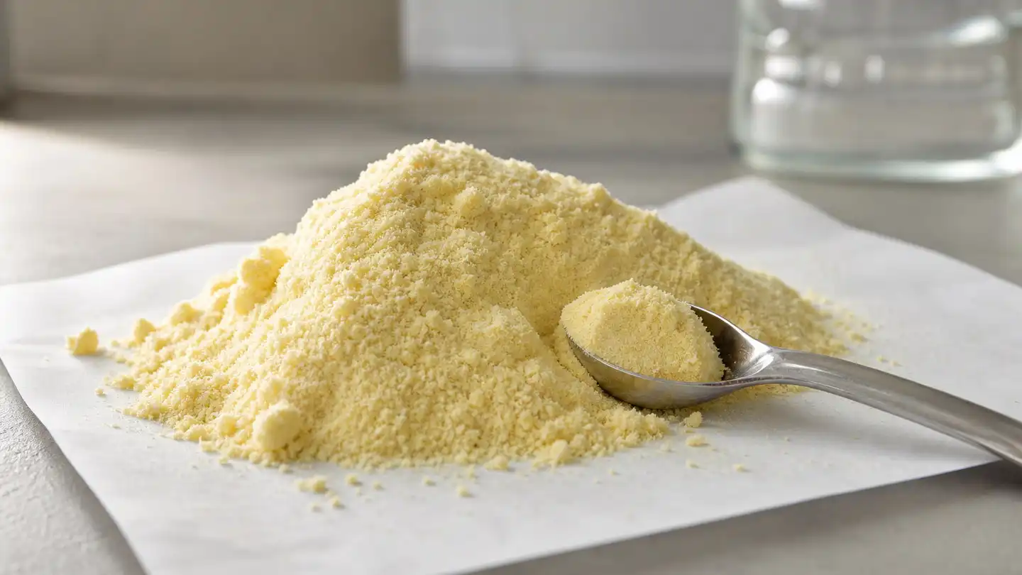 blog-500-1 Scoop taking a sample of pale yellow lecithin powder from a weighing paper on a laboratory bench