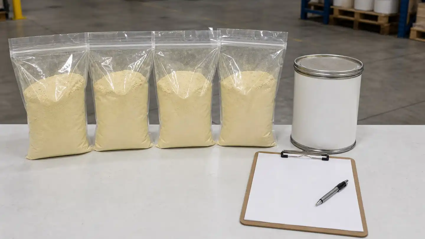 blog-500-1 Sealed sample bags and a labelled drum beside a printed inspection record on a warehouse bench