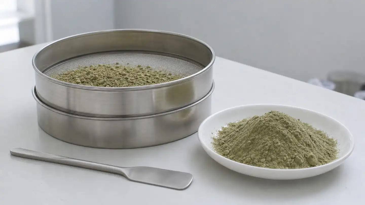 blog-500-1 Stainless-steel test sieve holding pale green-brown Bacopa monniera extract powder beside a shallow white dish of sieved powder and a steel spatula on a clean white laboratory bench