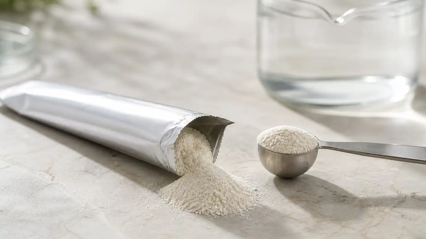 blog-500-1 Open single-serve foil stick-pack spilling fine pale powder beside a stainless-steel measuring scoop on a light stone surface