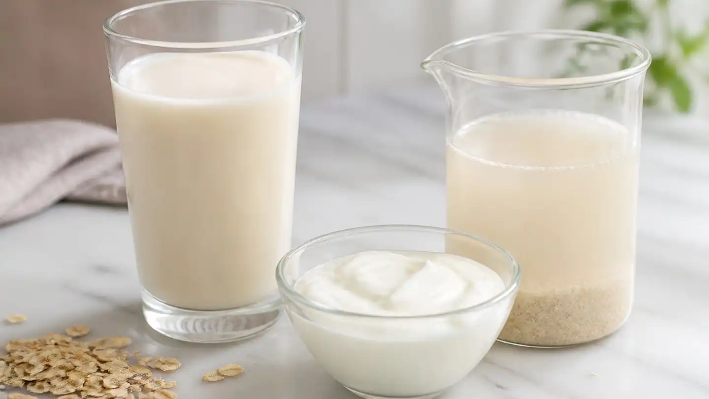 blog-500-1 A tall glass of pale oat drink beside a small glass bowl of set yogurt and a laboratory beaker holding a cloudy dispersion of dissolved oat beta glucan powder on a light marble bench