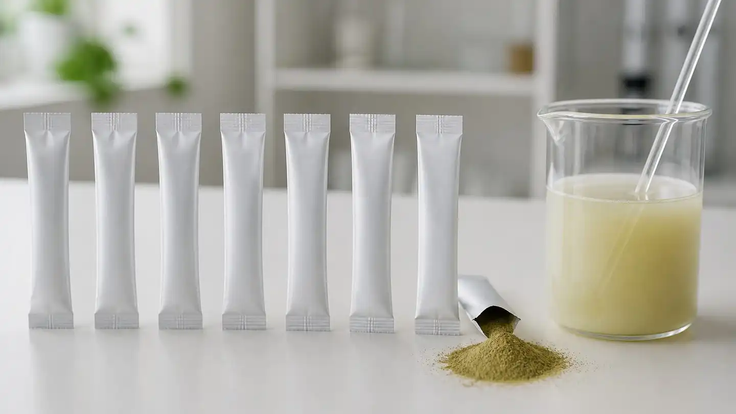 blog-500-1 Row of unmarked single-serve foil stick packs with one opened sachet beside a small pile of pale extract powder and a glass beaker of cloudy dispersion