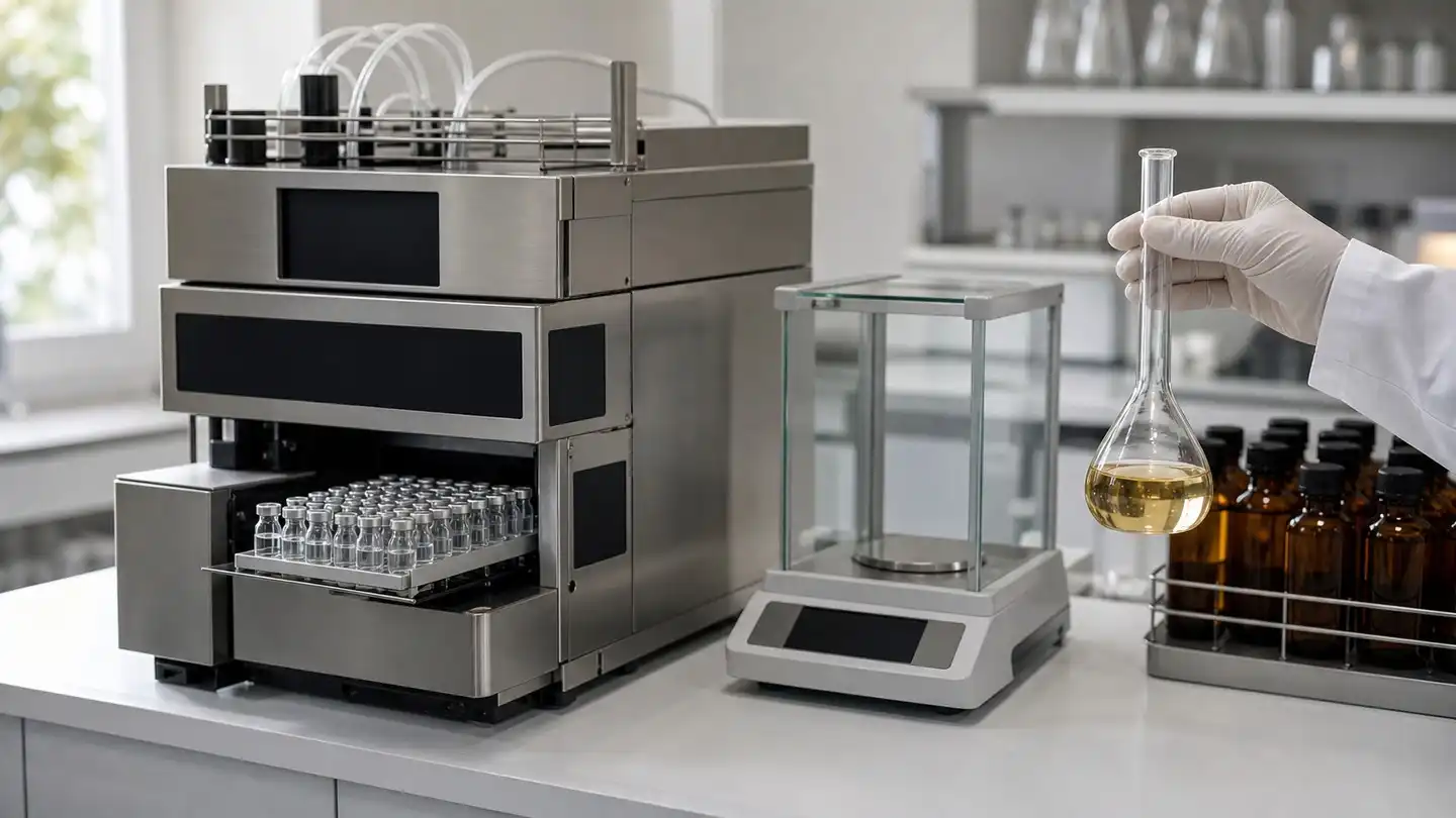 blog-500-1 Quality-control laboratory bench with an HPLC instrument, racks of sample vials and a gloved analyst holding a flask of extract solution