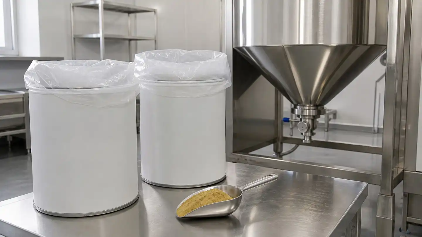blog-500-1 Fibre drums with sealed inner liners and a stainless-steel scoop holding fine botanical extract powder in a clean powder-handling area