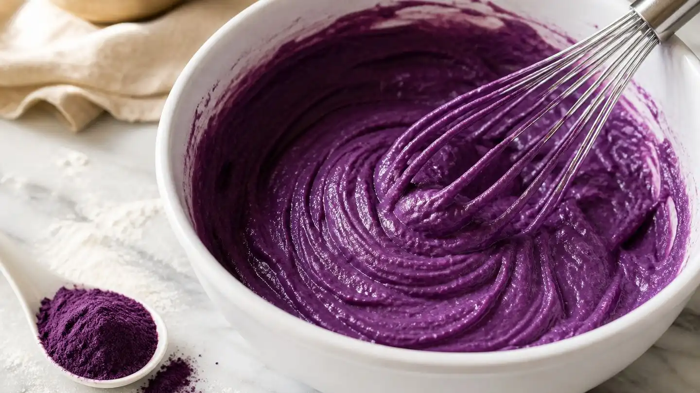 blog-500-1 White mixing bowl of vivid purple ube cake batter with a whisk, beside a spoon of ube purple yam powder on a marble counter