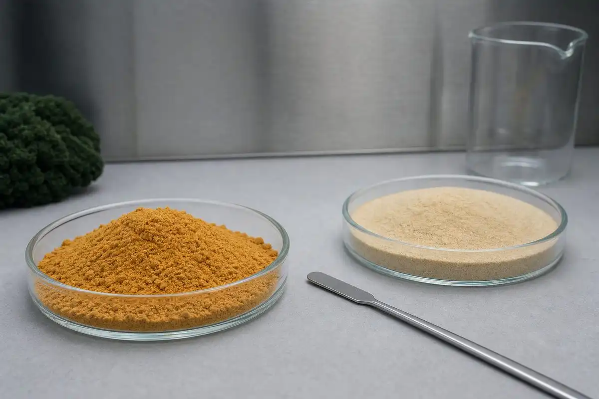 blog-720-1 Two glass dishes on a laboratory bench holding fine orange-gold Cordyceps militaris fruiting body powder and a paler extract powder