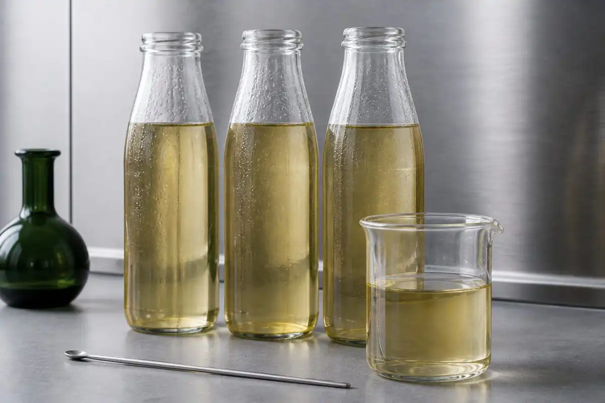 blog-720-1 Glass bottles and a beaker holding a pale amber beverage base on a stainless steel laboratory bench