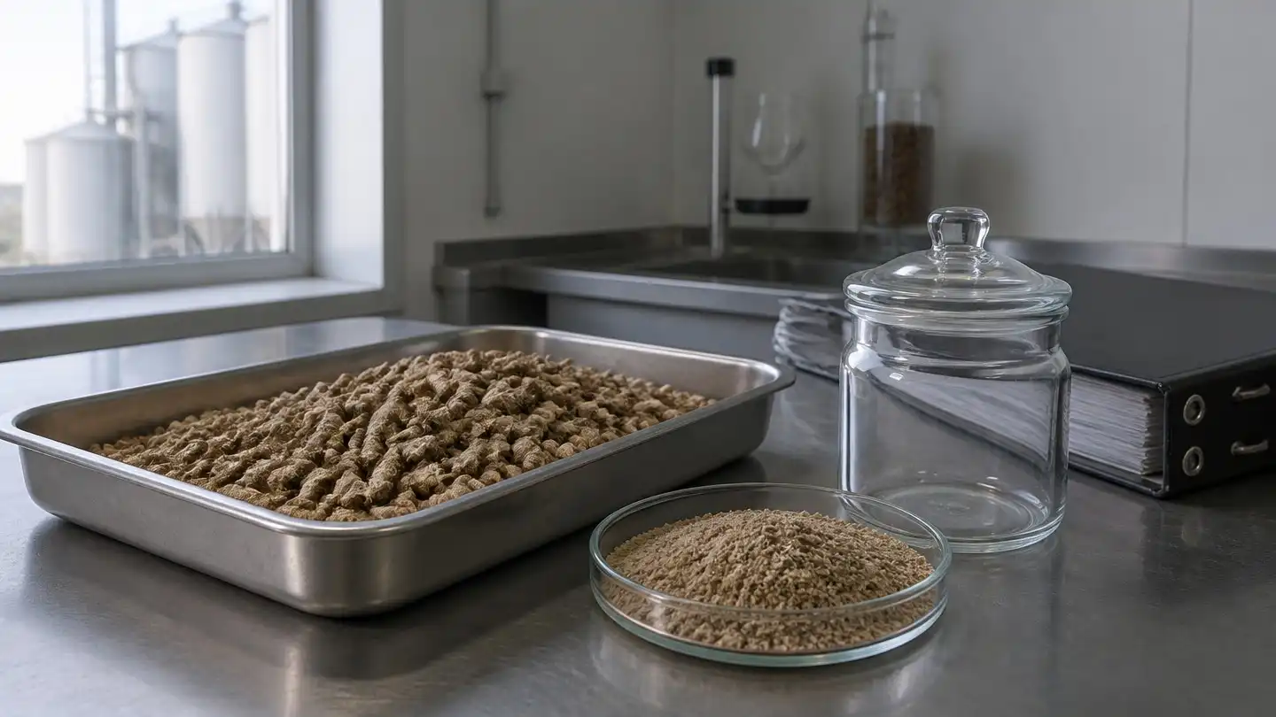 blog-720-1 Bags of finished poultry feed beside the premix line where botanical micro-ingredients are blended