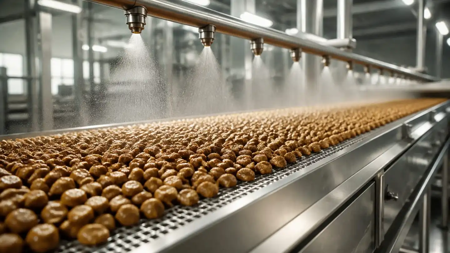 blog-720-1 Rosemary extract antioxidant being sprayed onto feed pellets on an inline application line