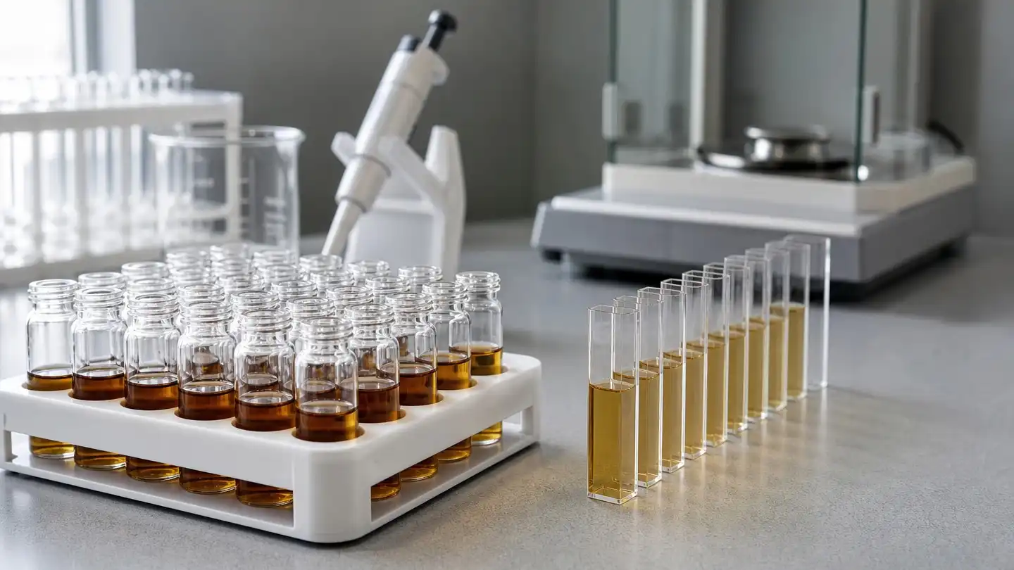 blog-720-1 Laboratory bench prepared for a saponin content assay, with autosampler vials of amber extract and a row of filled spectrophotometer cuvettes