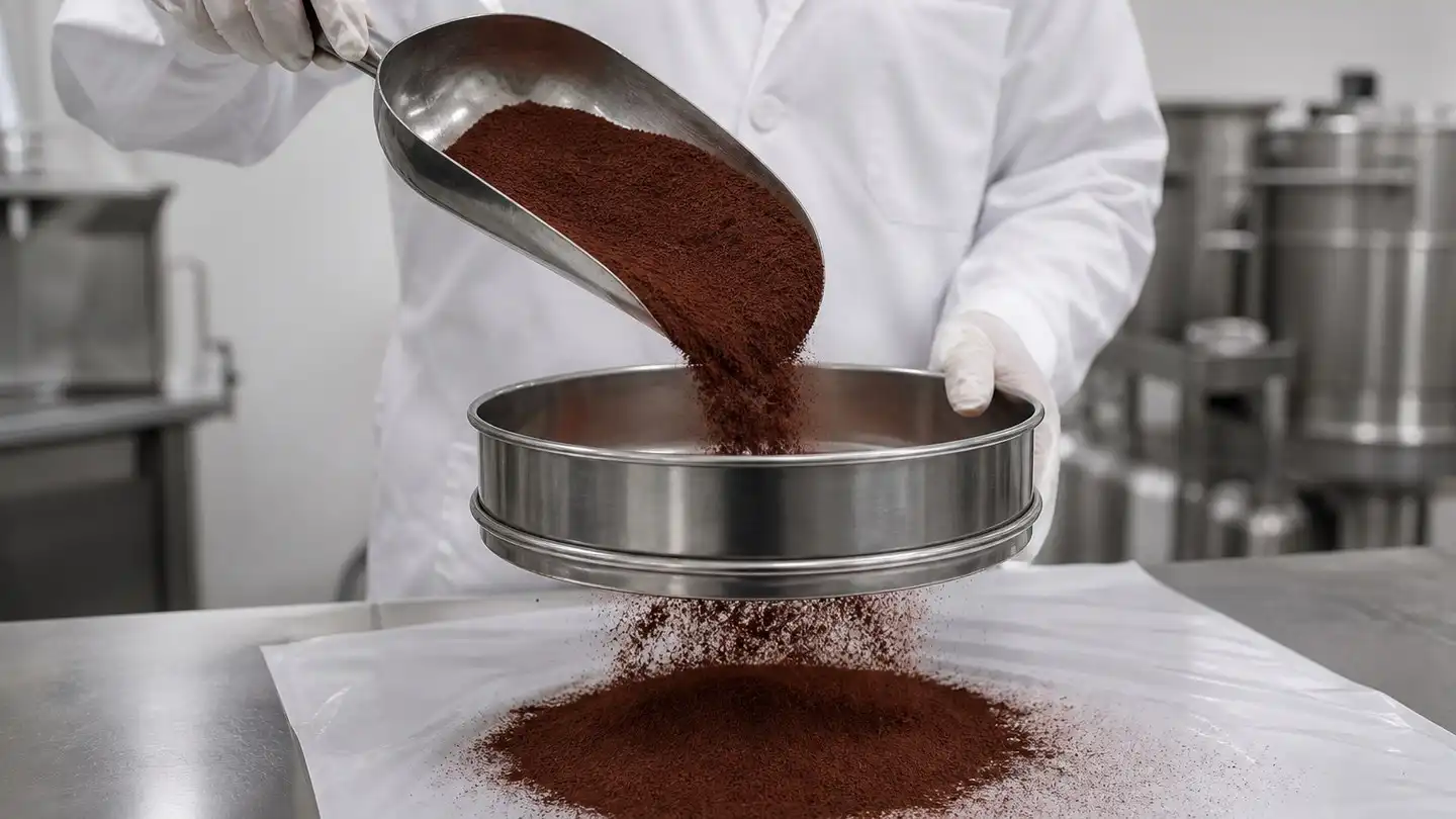 blog-720-1 Technician passing fine Chaga mushroom extract powder through a stainless steel test sieve onto a clean sheet before packaging
