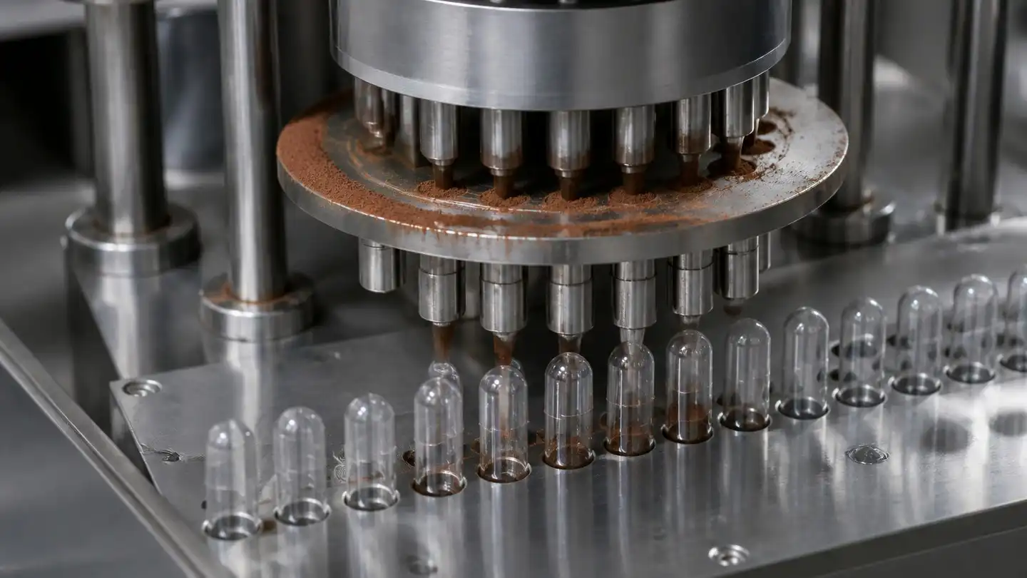 blog-720-1 Capsule filling machine dosing a dark brown herbal powder into gelatin capsules on a production line