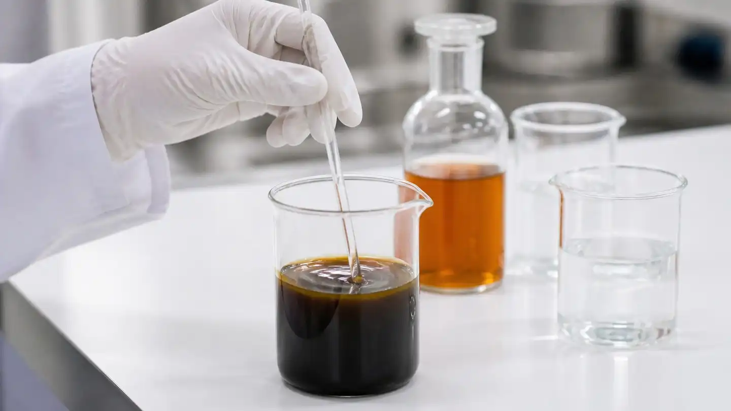 blog-720-1 Laboratory technician stirring a dark liquid botanical concentrate in a beaker during beverage formulation testing