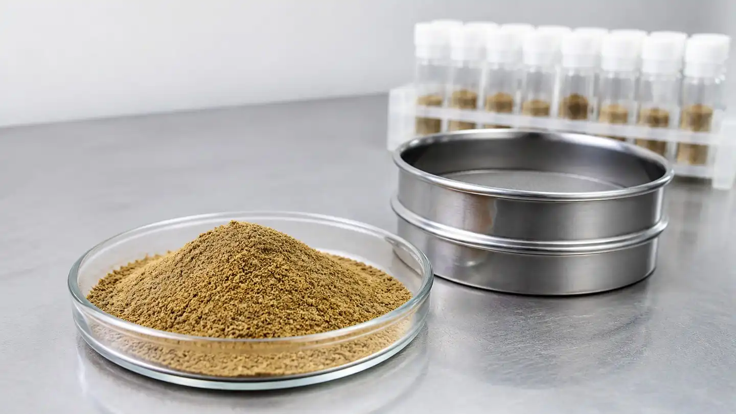 blog-720-1 Fine light-brown feed-grade oregano powder in a petri dish on a quality-control bench beside sieves and sample vials in a feed premix laboratory