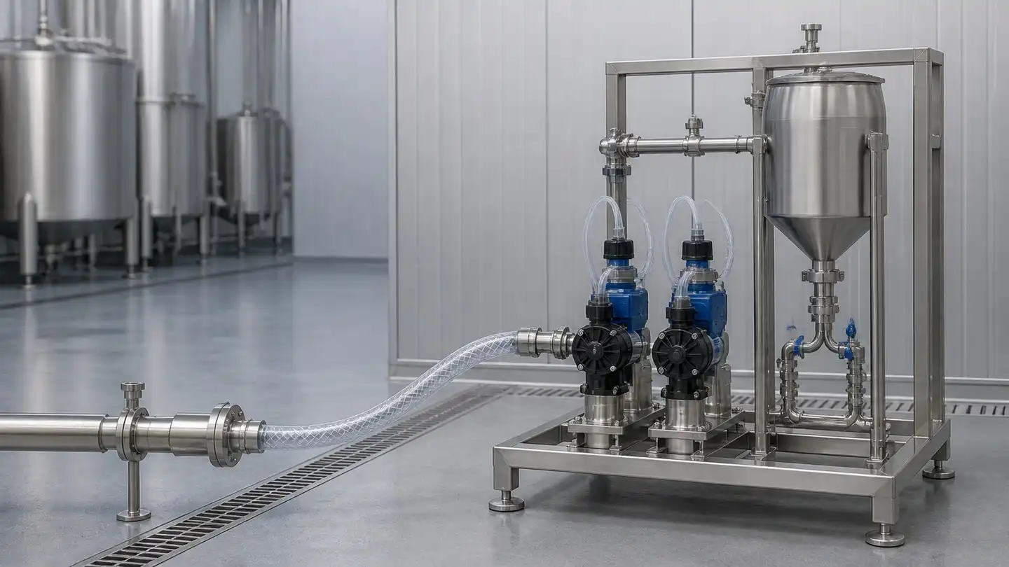 blog-720-1 Stainless steel liquid additive dosing station with metering pumps and an in-line injection point in a feed production plant
