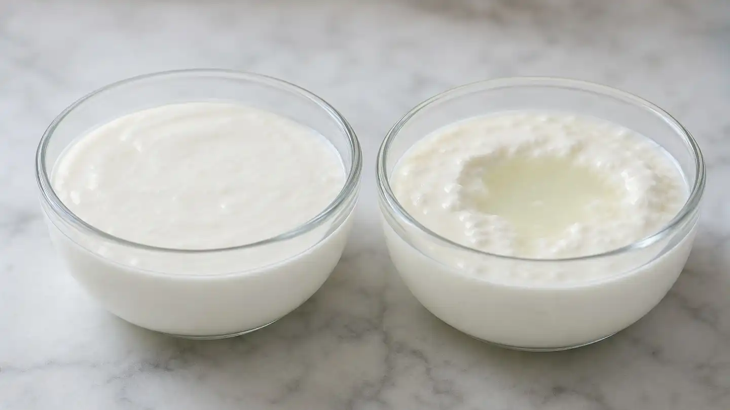 blog-500-1 Two glass bowls of set yogurt side by side on a pale marble surface, the left with an intact glossy surface and the right showing a shallow pool of separated translucent whey