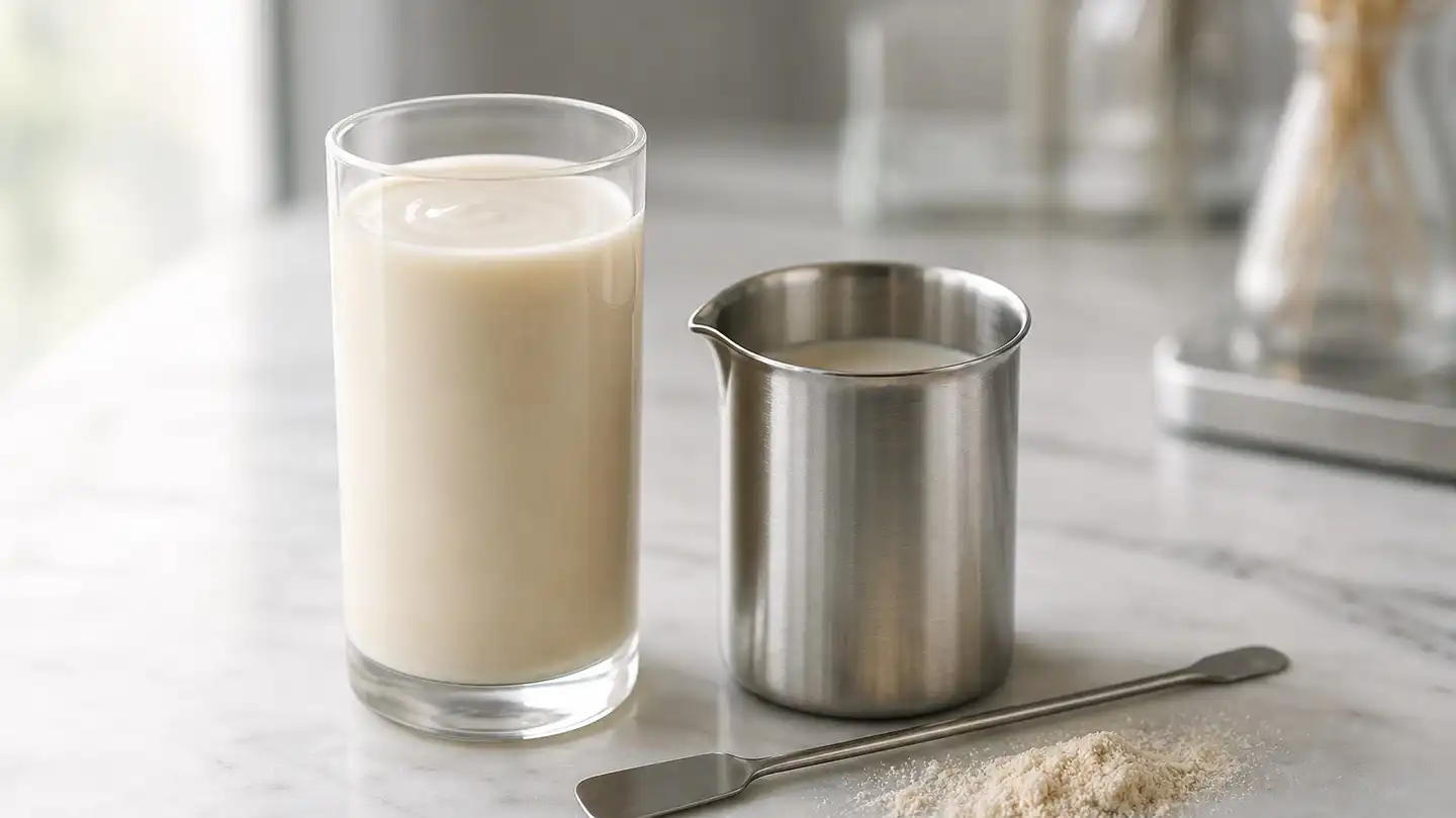 blog-500-1 A tall clear glass of opaque creamy oat beverage beside a small stainless steel pitcher of the same liquid, with a metal spatula and a mound of off-white powder on a pale marble surface