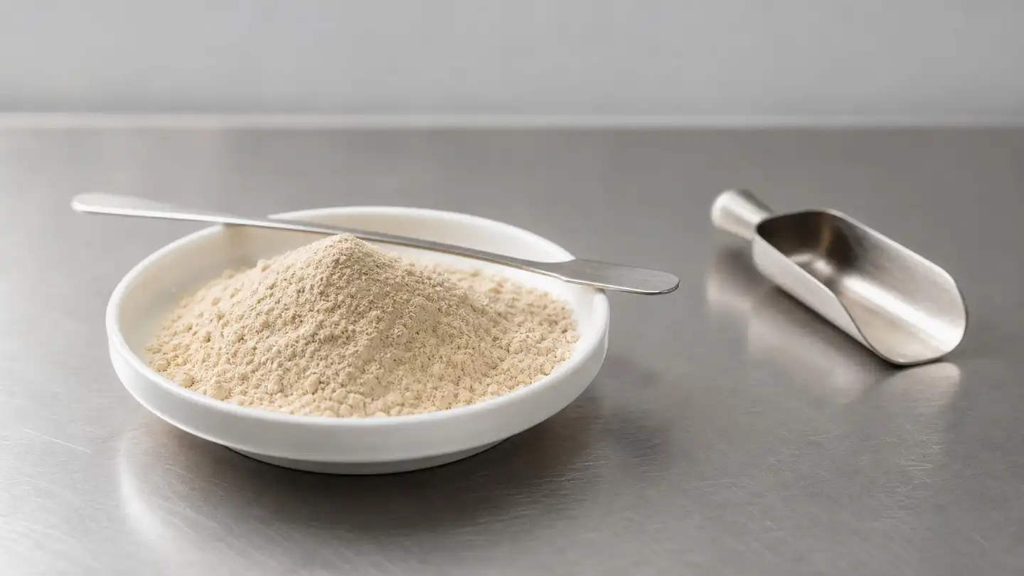 blog-500-1 Pale beige milk thistle extract powder in a shallow white dish with a stainless steel spatula resting across the rim on a brushed stainless-steel laboratory bench