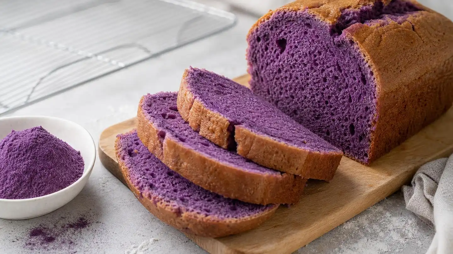 blog-500-1 Sliced purple yam loaf cake on a wooden board showing a deep violet crumb and a browned crust beside a small bowl of purple yam powder