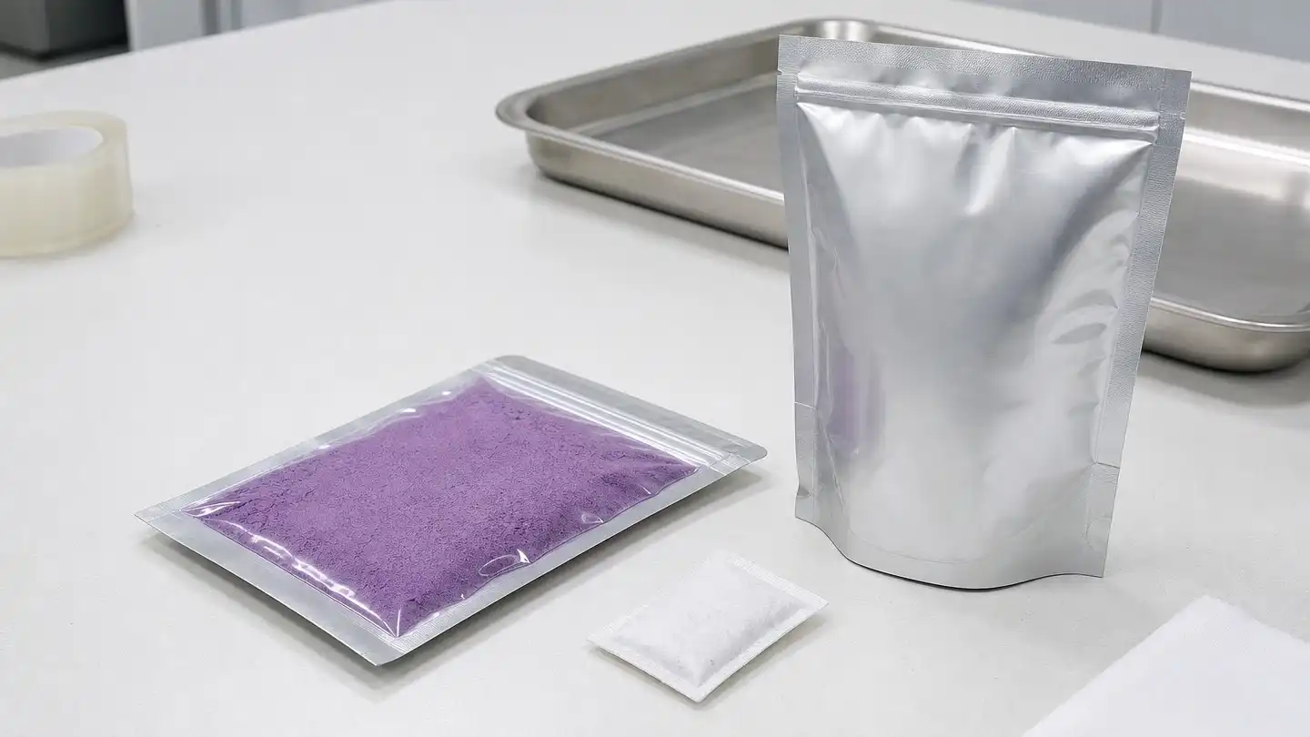 blog-500-1 Sealed foil-laminate pouch of ube purple yam powder with a clear-window sample pouch on a white laboratory bench