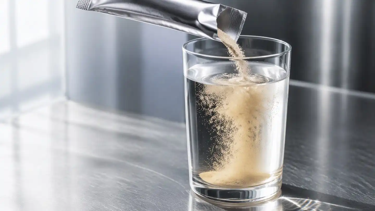 blog-500-1 Tongkat Ali extract powder poured from an open foil stick-pack into a glass of water, dispersing through the liquid