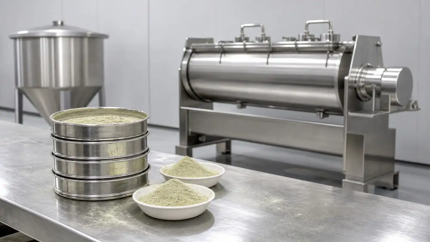 blog-500-1 Stainless steel sieve stack and bowls of pale botanical powder on a bench in a clean dry-blend production room