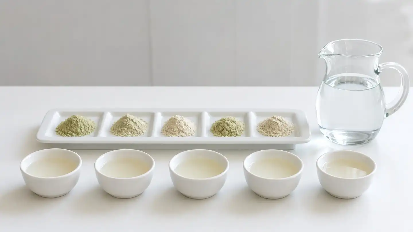 blog-500-1 Row of white tasting cups of pale liquid beside a tray of powder samples and a glass water pitcher on a clean laboratory bench