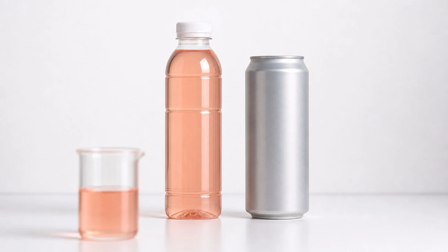 blog-500-1 A clear PET bottle and an aluminium can of the same pale orange-pink beverage on a white laboratory bench, with a beaker of the drink in soft focus